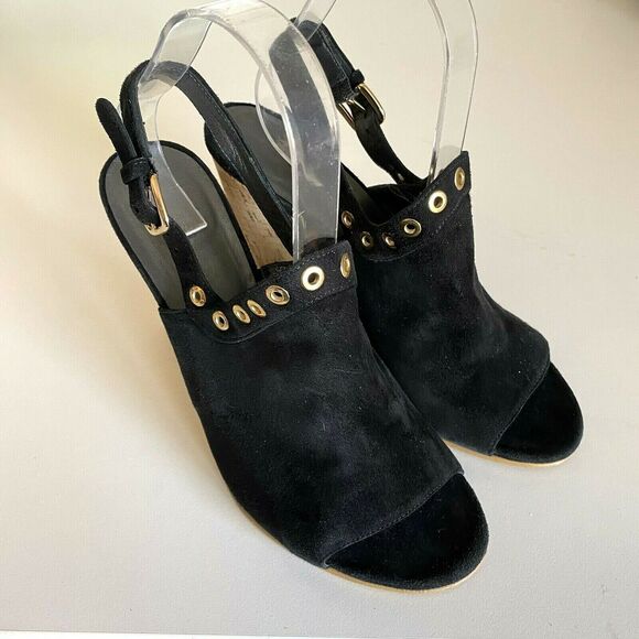 Stuart Weitzman Open Toe Slingback Wedge Sandal Eyeliner Black Suede Gro… - Picture 2 of 7